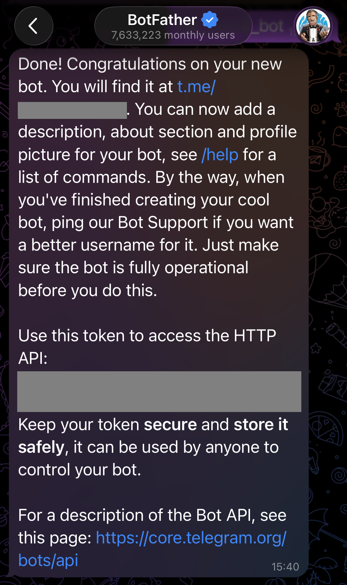 BotFather answering with a new bot token