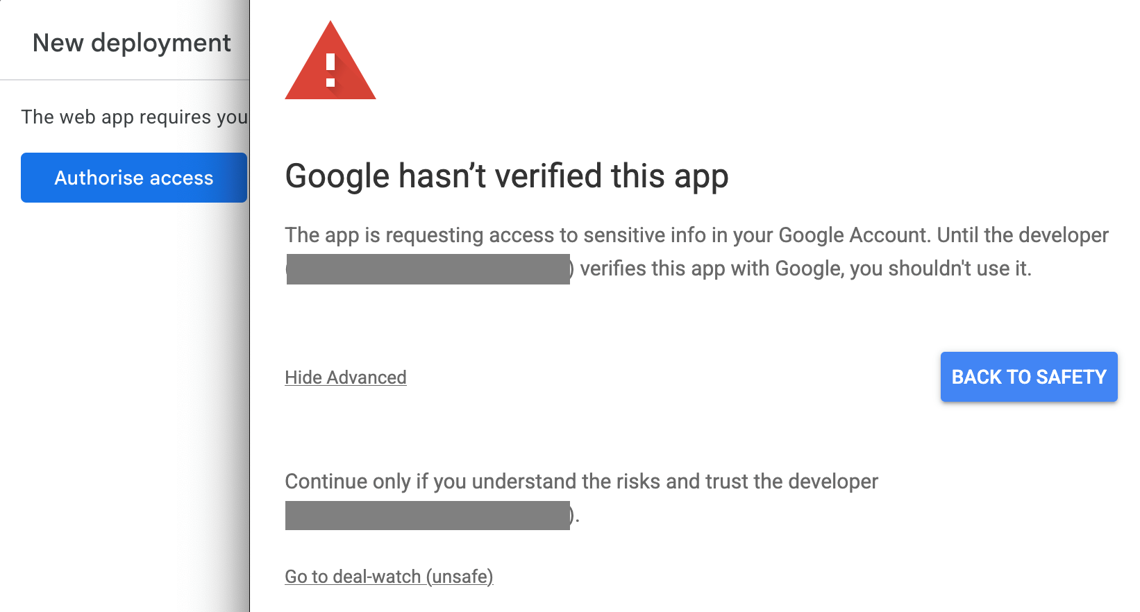 Google unverified app warning with the Advanced link