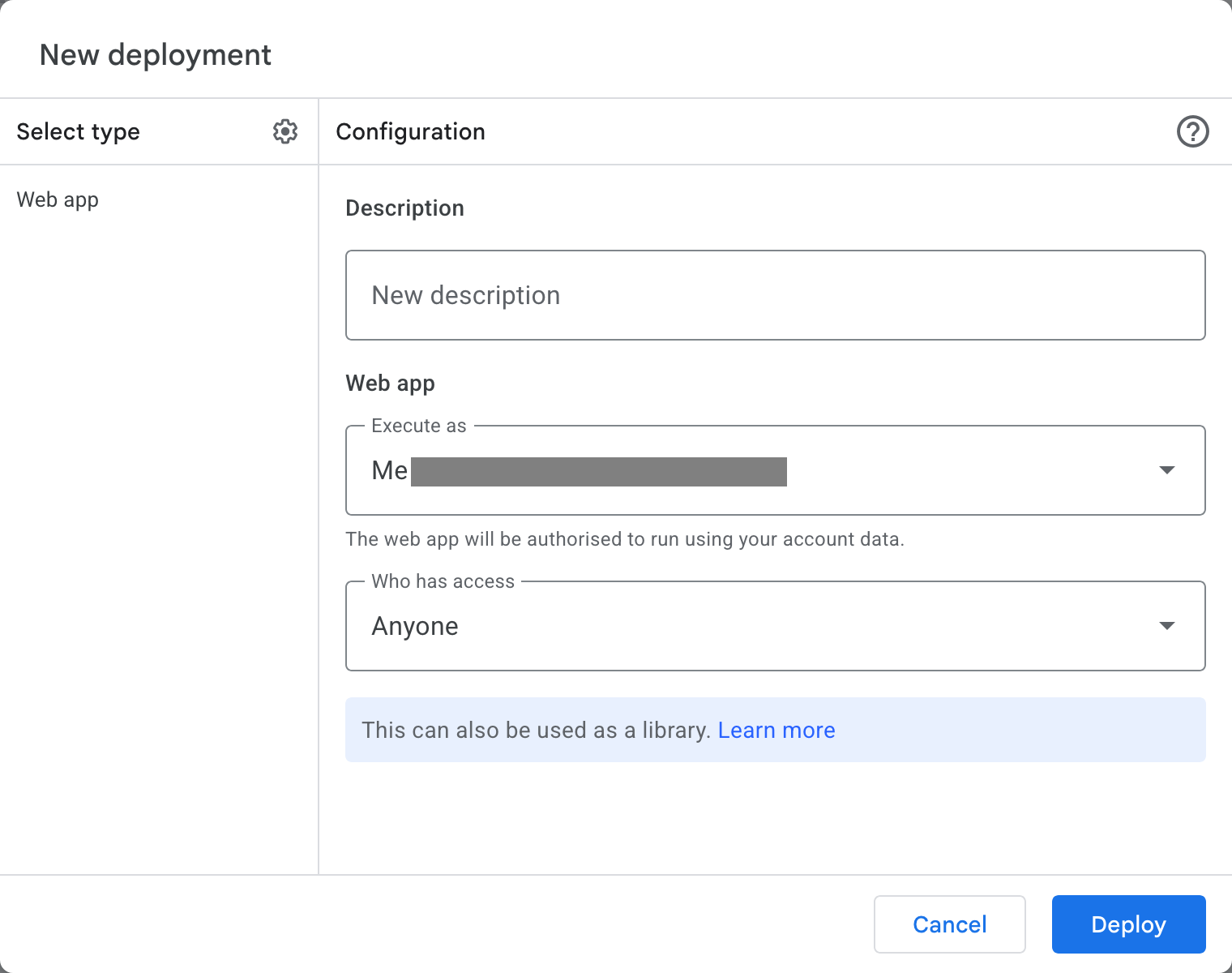 Apps Script New deployment settings for a Web app