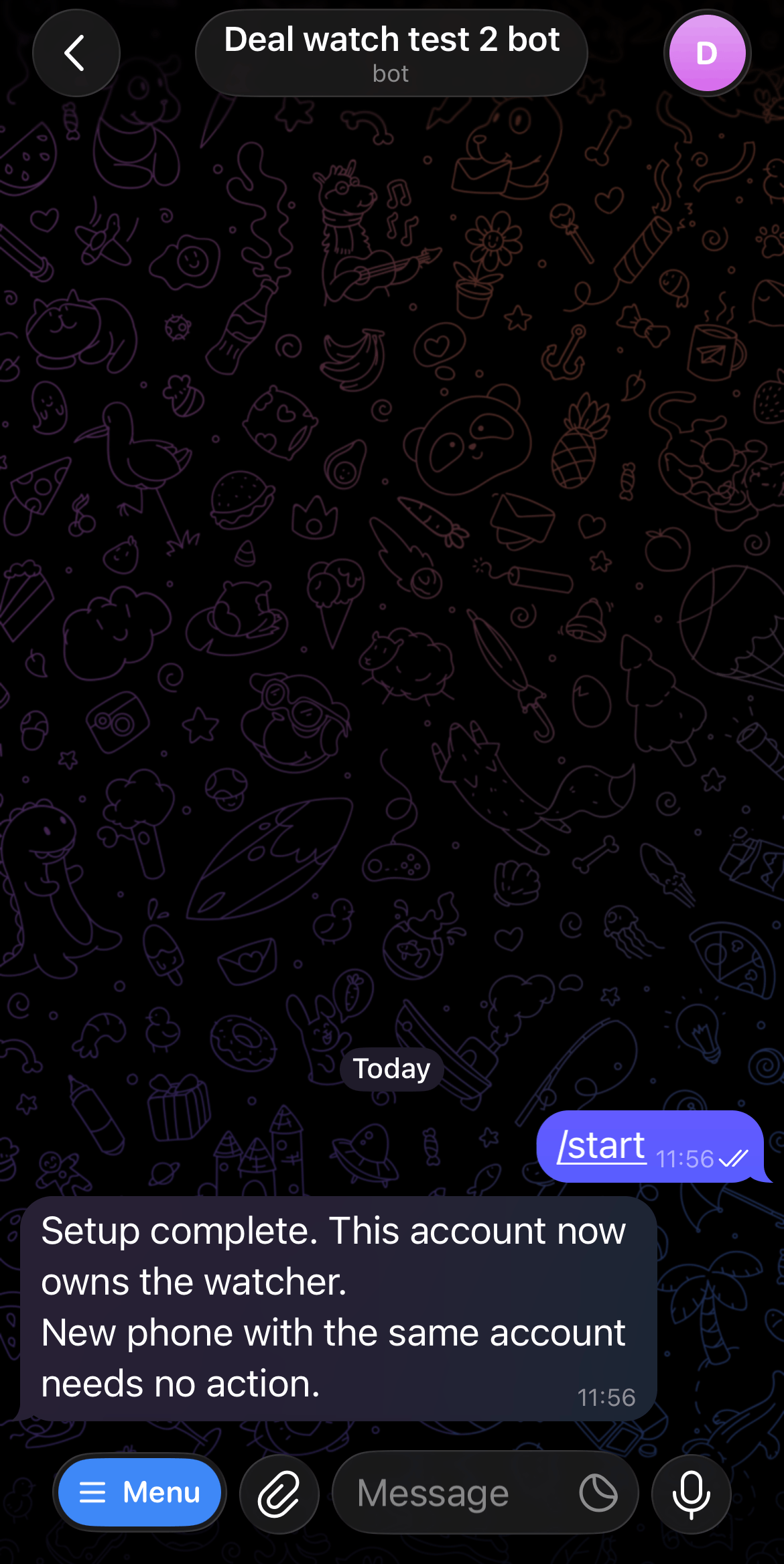 Telegram showing the bot connected