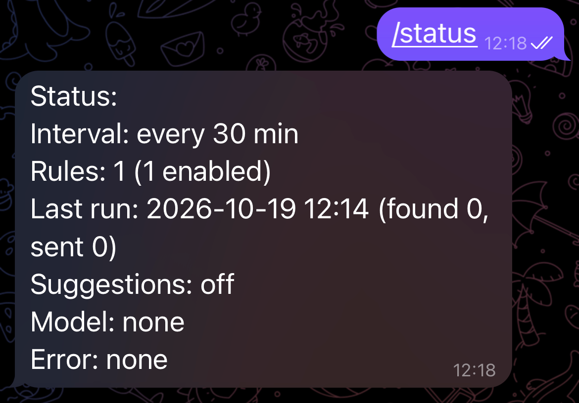 Status output with interval, rule count, and last run