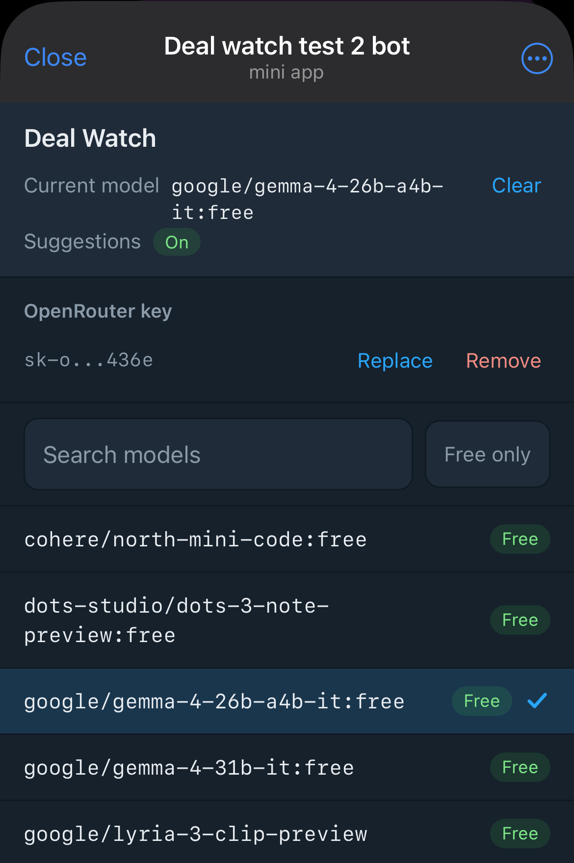Settings for the OpenRouter key and model