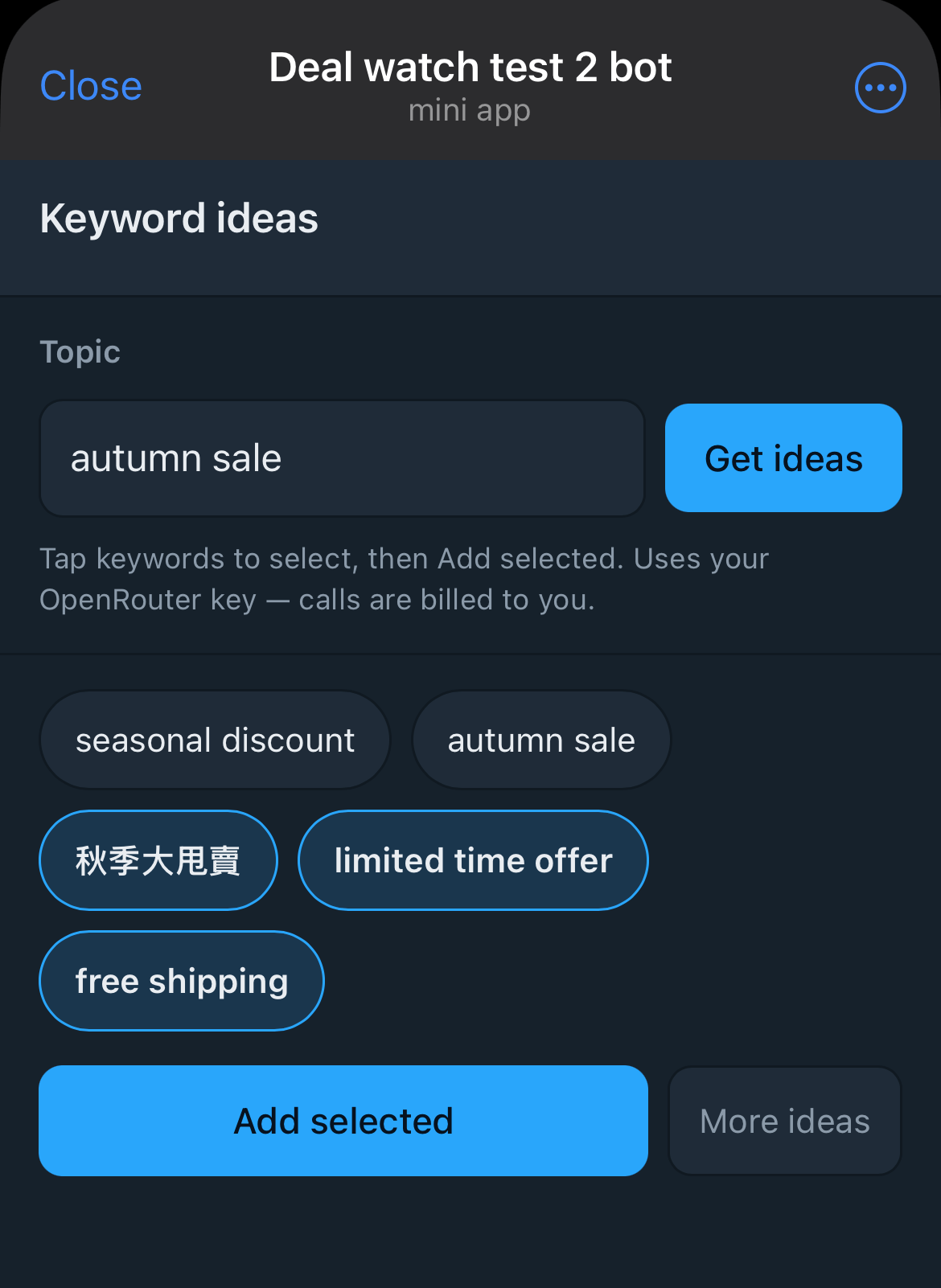 Keyword idea suggestions as tappable chips
